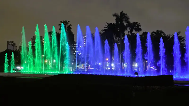 Espectaculo de luces y chorros de agua verticales de la fuente de la ilusion con palmeras de fondo.