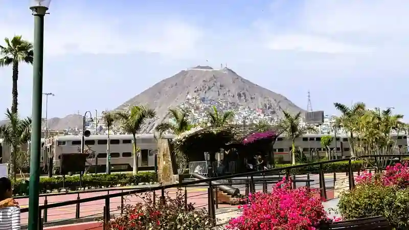 Flores coloridas y palmeras en el Parque de la Muralla con el imponente cerro San Cristobal al fondo en Lima.